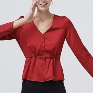 J.Crew Satin Crepe Peplum Blouse Red V-Neck Button Front Long Sleeve Feminine